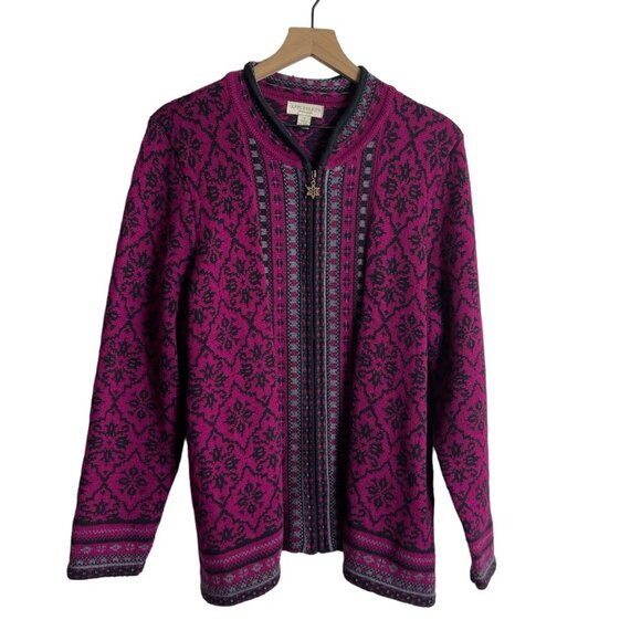 Appleseed’s 1X Zip-Up Women Cardigan – Maroon/Grey/Black Snowflake Pattern - Picture 1 of 11